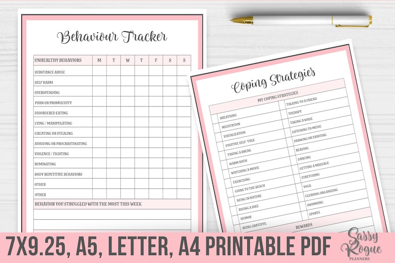 May include: Printable pink and white planner pages with the title "Behaviour Tracker" and "Coping Strategies". The tracker page has a list of unhealthy behaviors and a grid for tracking them daily. The coping strategies page has a list of coping mechanisms and a column for rewards.