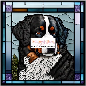 May include: Stained glass style illustration of a Bernese Mountain Dog with brown, black, and white fur. The dog is looking directly at the viewer. The image is framed with a blue and purple stained glass border. The text "Stained Glass, png, shop" is in the center of the image.