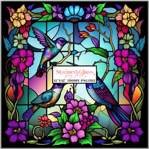 May include: A stained glass design featuring three hummingbirds with vibrant colors of blue, green, purple, and red. The birds are surrounded by flowers and leaves in a stained glass window style.