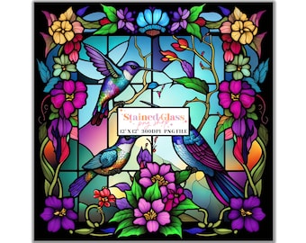 Hummingbird Stained Glass Sublimation Designs, Stained Glass Pattern, Stained Glass PNG, Faux Stained Glass, Stain Glass Paper,Digital Paper