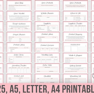 May include: A printable planner set for Etsy shop owners. The set includes 25 pages with pink and black text and borders. The pages are titled with topics such as "Your Shop", "Your Market", "Product Ideas", "Product Decisions", "Order Preparation", "Order Form", "Monthly Sales", "Make it Happen", "Launch Your Shop", "Launch Content Plan", "Inventory Tracker", "Extra Mile", "Getting Started", "Branding Kit", "Craft Show Checklist", "Contact List", "Checklist", "Your Wre Factor", "Work Schedule", "Trends", "Sketches", "Product Language", "Website Planner", "Where to Sell", "To Do List", "Target Audience", "Suppliers", "Suppliers Tracker", "Seasonal Promotions", "Project Planner", "Product Shipping", "Product Pricing", "Packing Ideas", "Order Tracker".