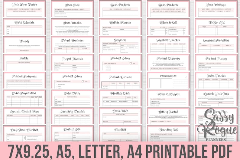 May include: A printable planner set for Etsy shop owners. The set includes 25 pages with pink and black text and borders. The pages are titled with topics such as "Your Shop", "Your Market", "Product Ideas", "Product Decisions", "Order Preparation", "Order Form", "Monthly Sales", "Make it Happen", "Launch Your Shop", "Launch Content Plan", "Inventory Tracker", "Extra Mile", "Getting Started", "Branding Kit", "Craft Show Checklist", "Contact List", "Checklist", "Your Wre Factor", "Work Schedule", "Trends", "Sketches", "Product Language", "Website Planner", "Where to Sell", "To Do List", "Target Audience", "Suppliers", "Suppliers Tracker", "Seasonal Promotions", "Project Planner", "Product Shipping", "Product Pricing", "Packing Ideas", "Order Tracker".