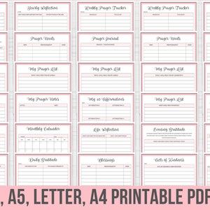 May include: Printable PDF planner pages with pink and gray borders. The pages include titles such as "Yearly Tracker", "Prayer Journal", "My Prayer List", "Daily Gratitude", "Blessings", and "Acts of Kindness".