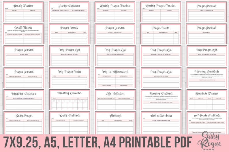 May include: Printable PDF planner pages with pink and gray borders. The pages include titles such as "Yearly Tracker", "Prayer Journal", "My Prayer List", "Daily Gratitude", "Blessings", and "Acts of Kindness".