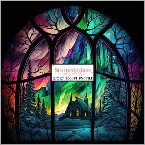 May include: A stained glass window design featuring a colorful aurora borealis scene with a small church in the distance. The design is framed by a black window frame and includes trees and a snowy landscape. The text "Stained Glass, png shop, 12' x 12' 300DPI PNG FILE" is included in the image.