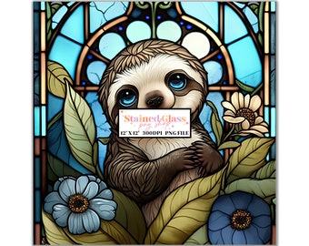 Sloth Stained Glass Sublimation Designs, Stained Glass Pattern, Stained Glass PNG, Faux Stained Glass, Stain Glass, Digital Paper