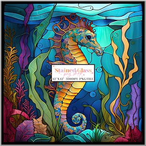 Seahorse Stained Glass Sublimation Designs, Stained Glass Pattern, Stained Glass PNG, Faux Stained Glass, Stain Glass Paper, Digital Paper