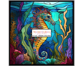 Seahorse Stained Glass Sublimation Designs, Stained Glass Pattern, Stained Glass PNG, Faux Stained Glass, Stain Glass Paper, Digital Paper