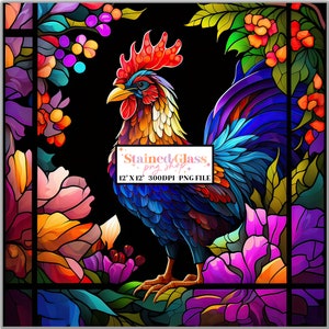 May include: A vibrant stained glass design featuring a colorful rooster with a red comb and blue feathers, surrounded by flowers in shades of pink, purple, and orange. The image includes the text "Stained Glass png shop" and dimensions of 12" x 12".