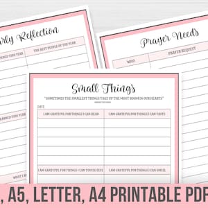 May include: Printable PDF planner pages with pink borders. The pages include sections for yearly reflection, prayer needs, and a gratitude journal titled "Small Things".