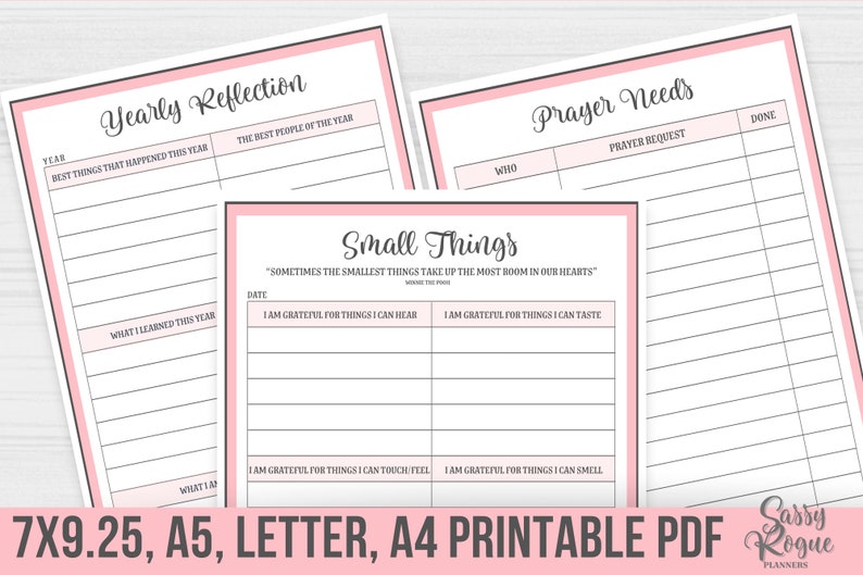 May include: Printable PDF planner pages with pink borders. The pages include sections for yearly reflection, prayer needs, and a gratitude journal titled "Small Things".