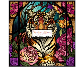 Tiger Stained Glass Sublimation Design, Stained Glass Pattern, Stained Glass PNG, Faux Stained Glass, Stain Glass Paper,Digital Paper
