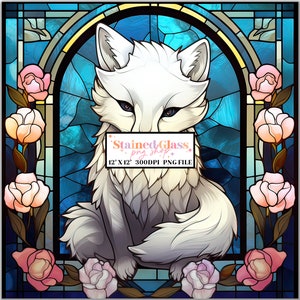 Projekty sublimacji witraży Arctic Fox, Wzór witrażu, Witraż PNG, Sztuczne witraże, Papier witrażowy, Papier cyfrowy