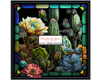 Cactus Stained Glass Sublimation Designs, Stained Glass Pattern, Stained Glass PNG, Faux Stained Glass, Stain Glass Paper, Digital Papers
