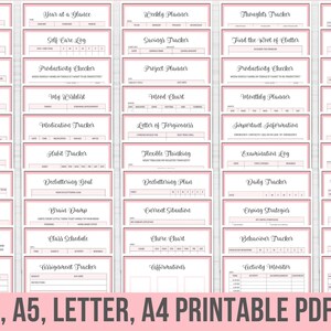 May include: A printable PDF planner set with 36 different pages for organization and self-improvement. The pages are designed with a pink and gray color scheme and include titles such as "Year at a Glance", "Savings Tracker", "Medication Tracker", "Daily Planner", "Thought Patterns", "Mood Chart", "Affirmations", and "Travel Diary".