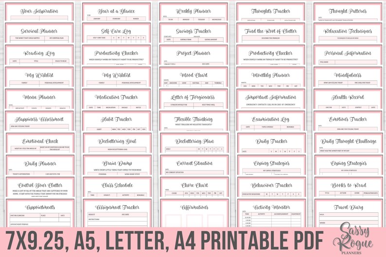 May include: A printable PDF planner set with 36 different pages for organization and self-improvement. The pages are designed with a pink and gray color scheme and include titles such as "Year at a Glance", "Savings Tracker", "Medication Tracker", "Daily Planner", "Thought Patterns", "Mood Chart", "Affirmations", and "Travel Diary".