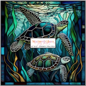 Meeresschildkröten Stained Glass Sublimation Design, Buntglas Muster, Buntglas PNG, Faux Buntglas, Stain Glass Papier, digitales Papier
