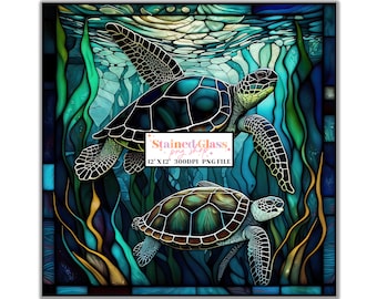 Sea Turtles Stained Glass Sublimation Design, Stained Glass Pattern, Stained Glass PNG, Faux Stained Glass, Stain Glass Paper, Digital Paper