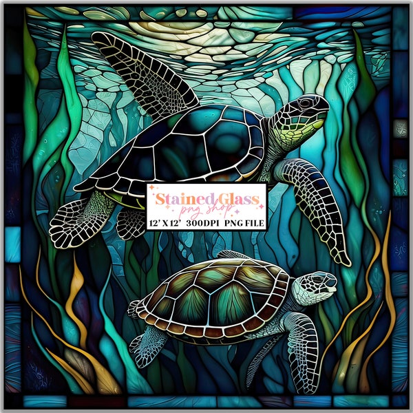 Sea Turtles Stained Glass Sublimation Design, Stained Glass Pattern, Stained Glass PNG, Faux Stained Glass, Stain Glass Paper, Digital Paper
