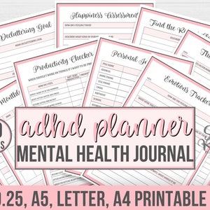 May include: A set of printable pink and gray planner pages for an ADHD mental health journal. The pages include sections for decluttering goals, productivity, personal information, emotions tracking, and thought patterns. The text "50 pages" and "adhd planner" are visible in the image.