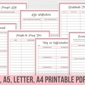 May include: Printable PDF planner pages with pink accents. The pages include sections for prayer lists, prayer journals, gratitude trackers, life reflection, people to pray for, and affirmations.