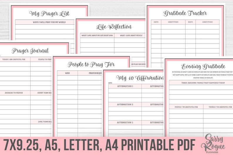 May include: Printable PDF planner pages with pink accents. The pages include sections for prayer lists, prayer journals, gratitude trackers, life reflection, people to pray for, and affirmations.