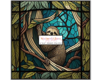 Sloth Stained Glass Sublimation Designs, Stained Glass Pattern, Stained Glass PNG, Faux Stained Glass, Stain Glass Paper, Digital Paper
