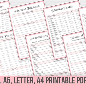 May include: Printable pink and black planner pages with titles like "Productivity Checker", "Relaxation Techniques", "Behaviour Tracker", "Activity Monitor", "Find the Root of", "Important Info", and "Flexible Things".
