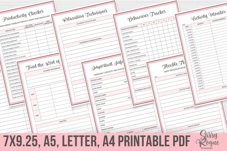 May include: Printable pink and black planner pages with titles like "Productivity Checker", "Relaxation Techniques", "Behaviour Tracker", "Activity Monitor", "Find the Root of", "Important Info", and "Flexible Things".