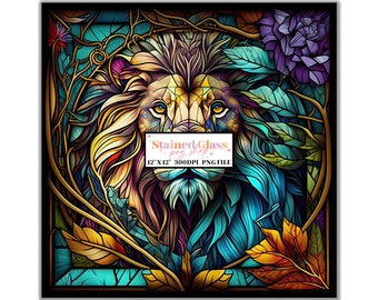 Lion Stained Glass Sublimation Designs, Stained Glass Pattern, Stained Glass PNG, Faux Stained Glass, Stain Glass Paper,Digital Paper