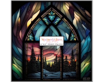 Northern Lights Stained Glass Sublimation Designs, Stained Glass Pattern, Stained Glass PNG, Faux Stained Glass, Stain Glass, Digital Paper