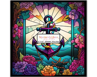 Anchor Stained Glass Sublimation Designs, Stained Glass Pattern, Stained Glass PNG, Faux Stained Glass, Stain Glass Paper,Digital Paper