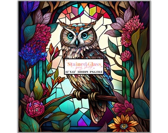 Owl Stained Glass Sublimation Designs, Stained Glass Pattern, Stained Glass PNG, Faux Stained Glass, Stain Glass Paper,Digital Paper