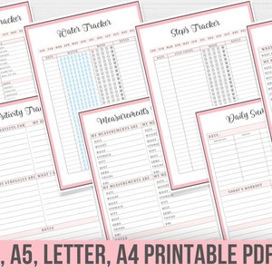 May include: Printable pink and white planner pages with headings for Strength Training Tracker, Water Tracker, Steps Tracker, Positivity Tracker, Measurements, Weightloss Goals, and Daily Summary. The pages are designed for 7x9.25, A5, Letter, and A4 sizes.