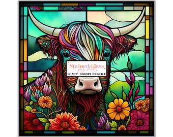 Highland Cow Stained Glass Sublimation Design, Stained Glass Pattern, Stained Glass PNG, Faux Stained Glass, Stain Glass Paper,Digital Paper