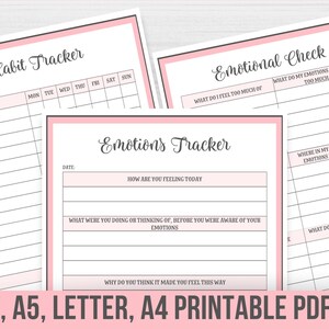 May include: Printable planner pages with pink borders. The pages include sections for habit tracking, emotional check, and emotions tracker. The pages are designed for use with a 7x9.25 inch, A5, Letter, or A4 size paper.