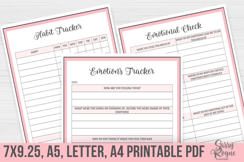 May include: Printable planner pages with pink borders. The pages include sections for habit tracking, emotional check, and emotions tracker. The pages are designed for use with a 7x9.25 inch, A5, Letter, or A4 size paper.
