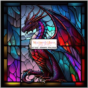 Wzory sublimacji witraży Dragon, wzór witrażu, witraż PNG, sztuczne witraże, papier witrażowy, papiery cyfrowe