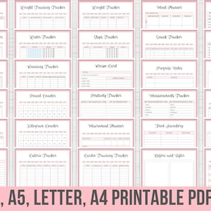 May include: A printable PDF set of 25 fitness and wellness trackers. The trackers are designed in a pink and white color scheme with a simple, modern aesthetic. The trackers include a variety of options for tracking progress, including workout plans, weight training, water intake, steps, running, calories, macros, food inventory, and more.
