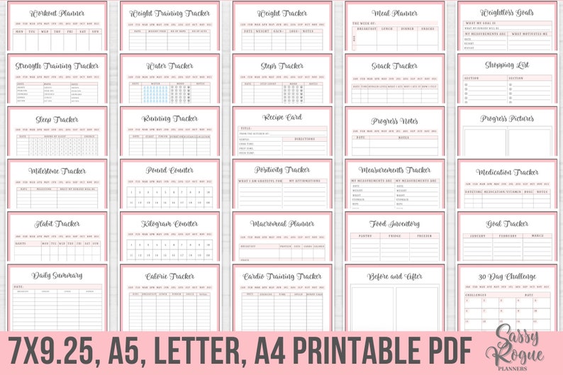 May include: A printable PDF set of 25 fitness and wellness trackers. The trackers are designed in a pink and white color scheme with a simple, modern aesthetic. The trackers include a variety of options for tracking progress, including workout plans, weight training, water intake, steps, running, calories, macros, food inventory, and more.
