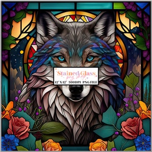 May include: A stained glass style illustration of a wolf's head with blue, purple, and green accents. The wolf is surrounded by flowers and leaves in a stained glass style.