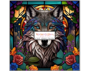 Wolf Stained Glass Sublimation Design, Stained Glass Pattern, Stained Glass PNG, Faux Stained Glass, Stain Glass Paper,Digital Paper