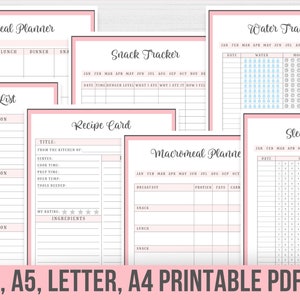 May include: Printable pink and gray planner pages with a variety of trackers, including meal planning, shopping lists, recipe cards, snack tracking, water intake, sleep, and macro meal planning. The pages are designed for 7x9.25, A5, Letter, and A4 paper sizes.
