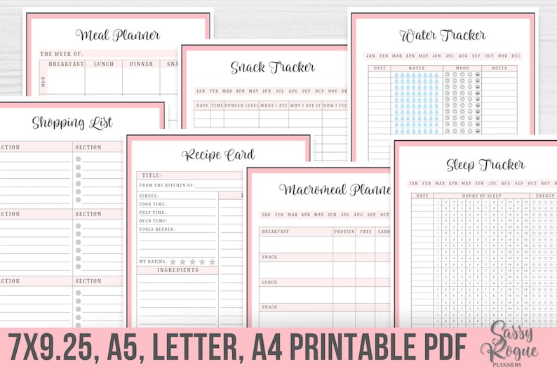 May include: Printable pink and gray planner pages with a variety of trackers, including meal planning, shopping lists, recipe cards, snack tracking, water intake, sleep, and macro meal planning. The pages are designed for 7x9.25, A5, Letter, and A4 paper sizes.