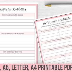 May include: Printable PDF journal pages with pink accents. The pages are titled "Acts of Kindness" and "10 Minute Gratitude". The pages include prompts for reflecting on acts of kindness received, witnessed, and done, as well as prompts for expressing gratitude.