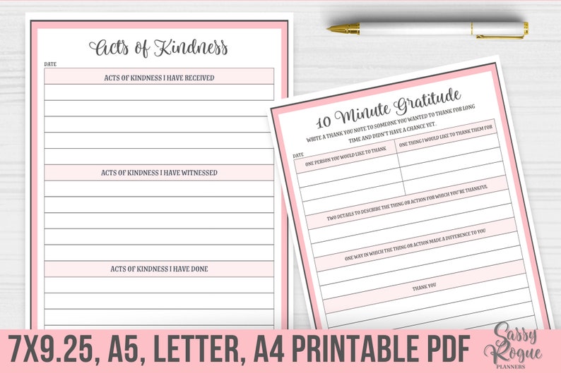 May include: Printable PDF journal pages with pink accents. The pages are titled "Acts of Kindness" and "10 Minute Gratitude". The pages include prompts for reflecting on acts of kindness received, witnessed, and done, as well as prompts for expressing gratitude.
