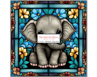 Elephant Stained Glass Sublimation Designs, Stained Glass Pattern, Stained Glass PNG, Faux Stained Glass, Stain Glass Paper, Digital Papers