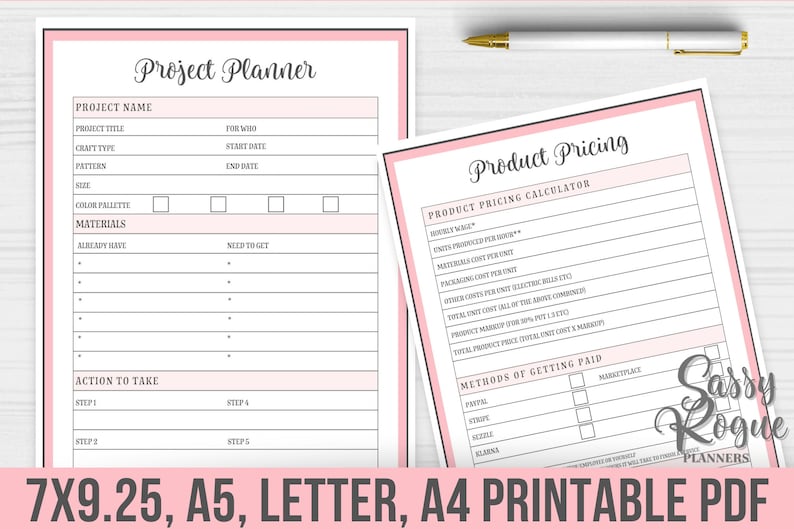 May include: Printable project planner and product pricing calculator worksheet with pink and white design. The planner includes sections for project name, materials, and action to take. The pricing calculator includes sections for hourly wage, materials cost, packaging cost, and methods of getting paid.