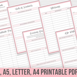 May include: Printable gratitude journal pages with pink borders. The pages include prompts for daily gratitude, blessings, acts of kindness, life reflections, and evening gratitude.