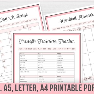 May include: Printable 30-day challenge and workout planner with a strength training tracker. The planner includes a calendar grid, a list of challenges, and a section for notes. The tracker includes a table for tracking squats, push-ups, crunches, lunges, sit-ups, bicycles, plank, and wall sit.